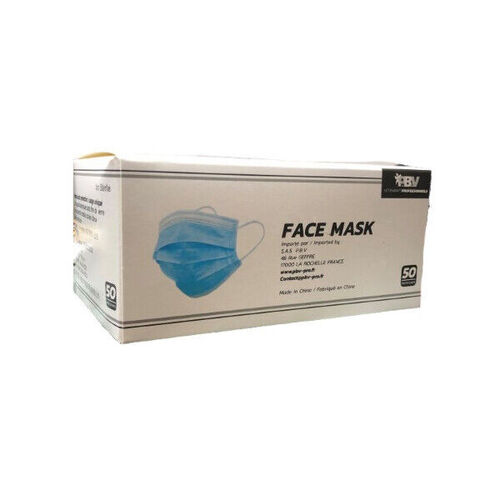 BOITE DE 50 MASQUES D'HYGIENE TYPE CHIRURGICAL 3 PLIS PAPIER BLEU TYPE 2R